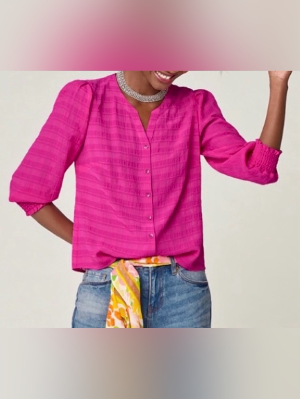 Cabi Textured Puff Sleeve Blouse Fuchsia Pink Size Small